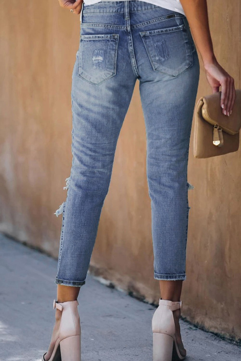 Pantalons Jeans Femme Court Bleu Delave Trous Vieillis