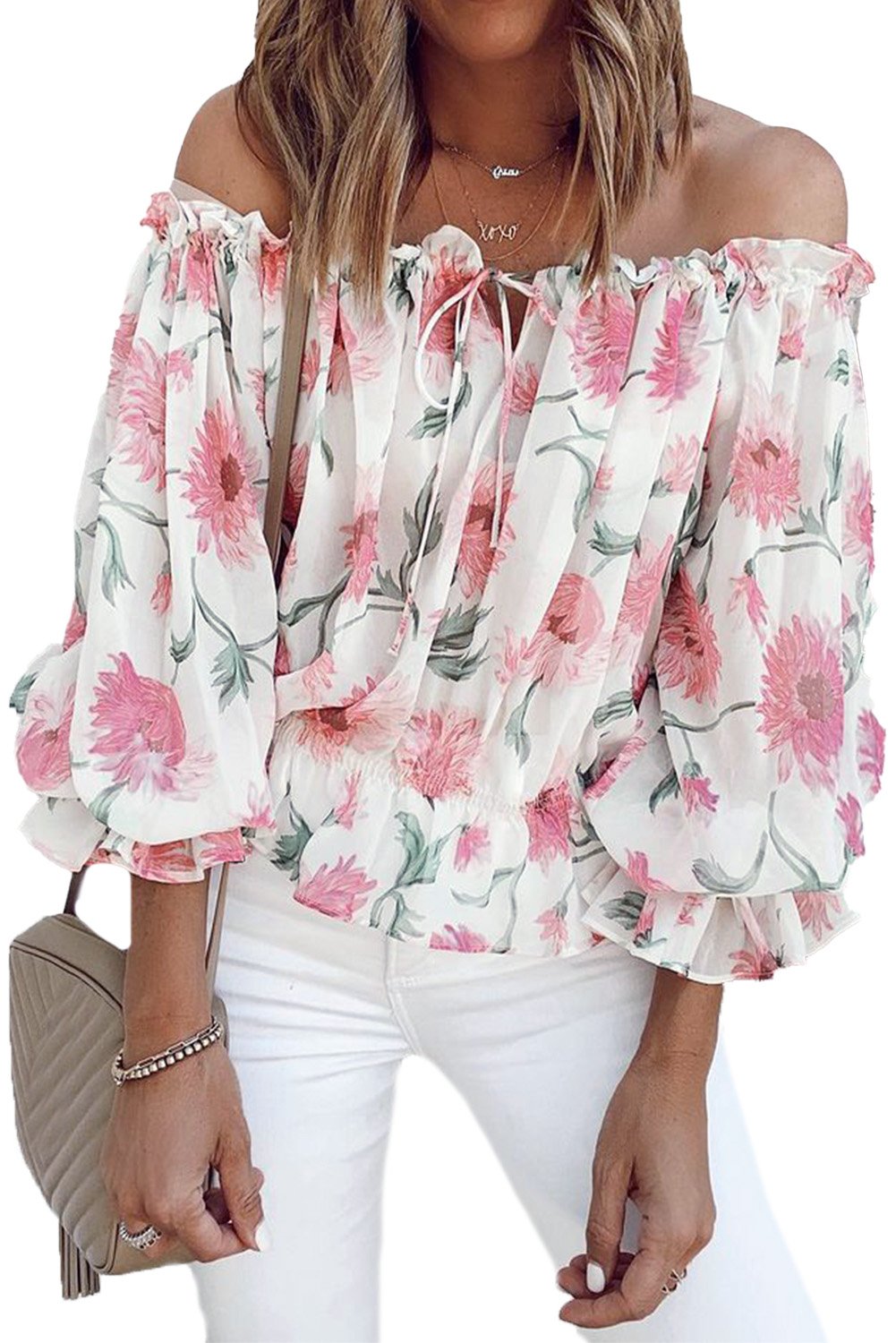 Blouse Blanc Rose Fleurie Chic Manches Longues Epaules Denudees 